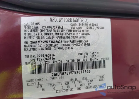 2005 Mercury Grand Marquis Ls из США, поврежденный, VIN 2MEFM75W75X647636